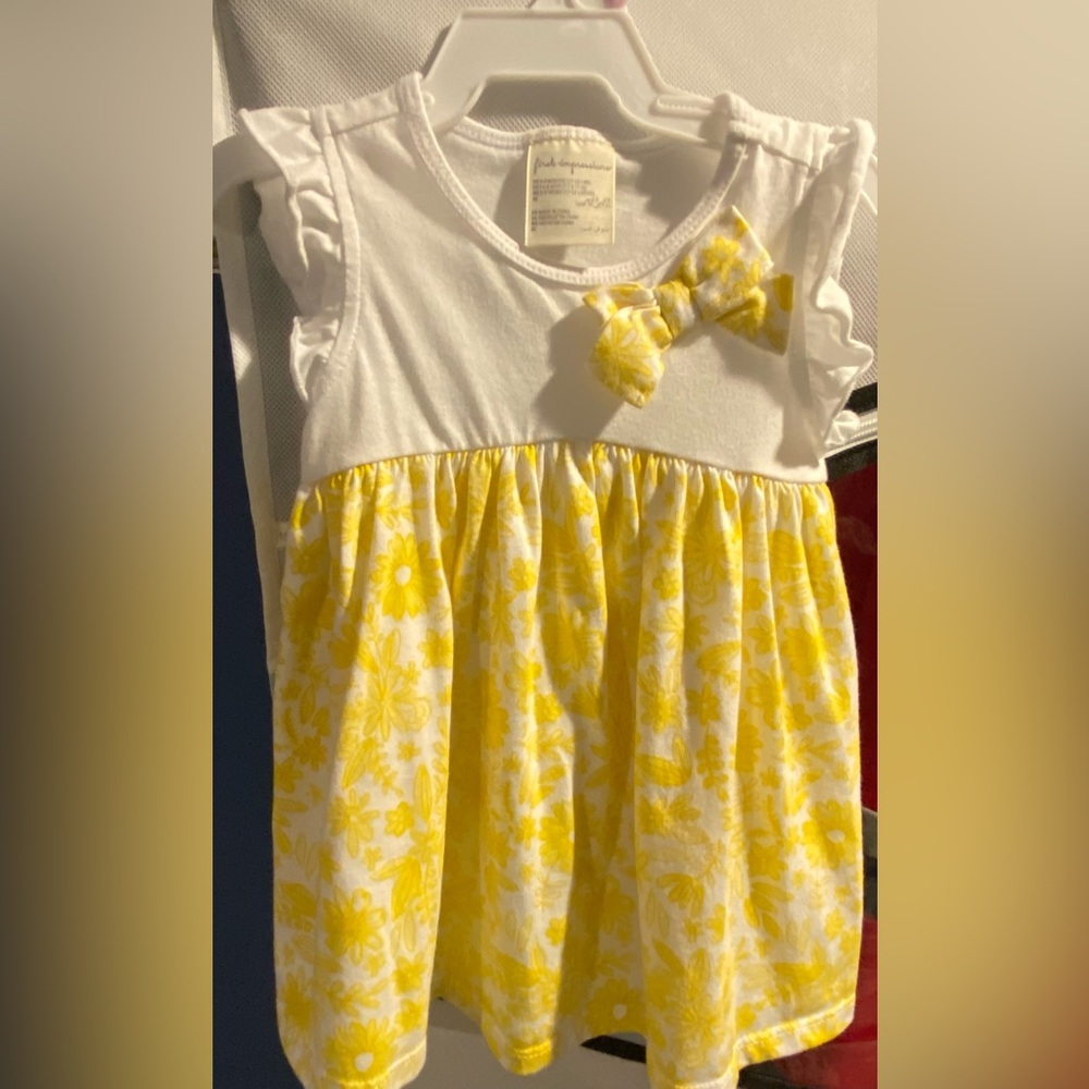 First Impressions Infant Girls White and Yellow Dress with Flowers, 6-9 months.